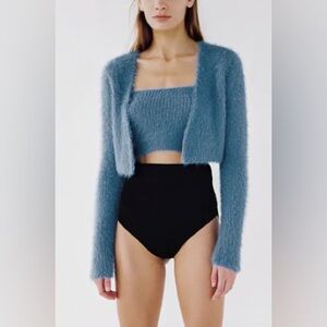 Zara Super Soft Blue Fuzzy Cropped Cardigan with Matching Tank